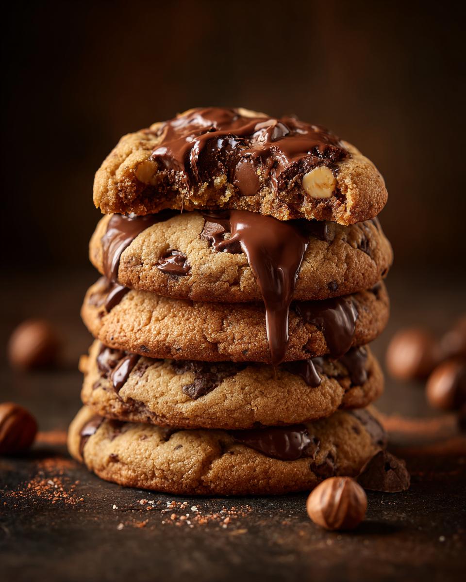 A stack of chocolate chip cookies with melted chocolate, evoking childhood memories.