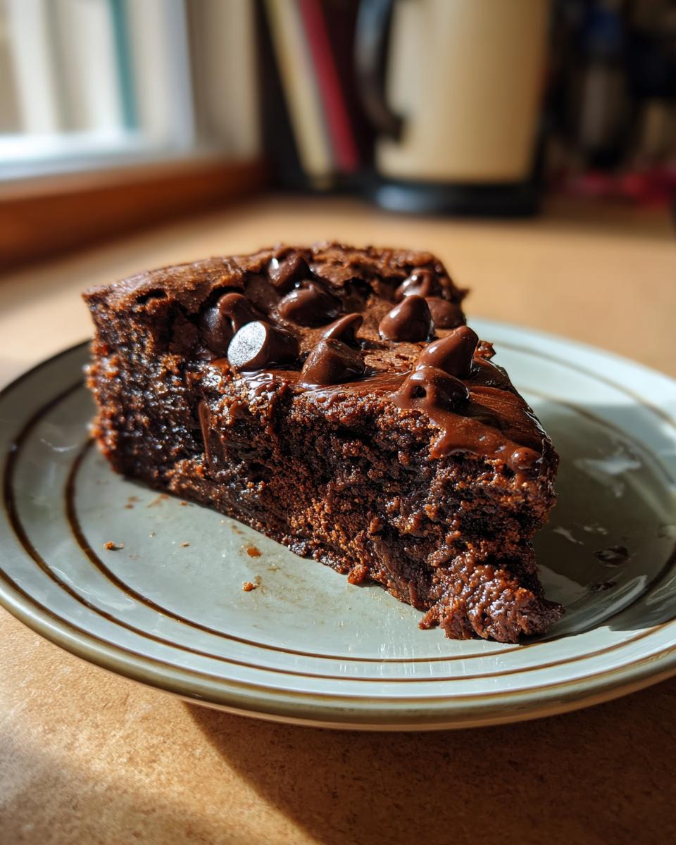 A slice of rich chocolate dessert, the dessert that disappears in minutes, topped with chocolate chips.