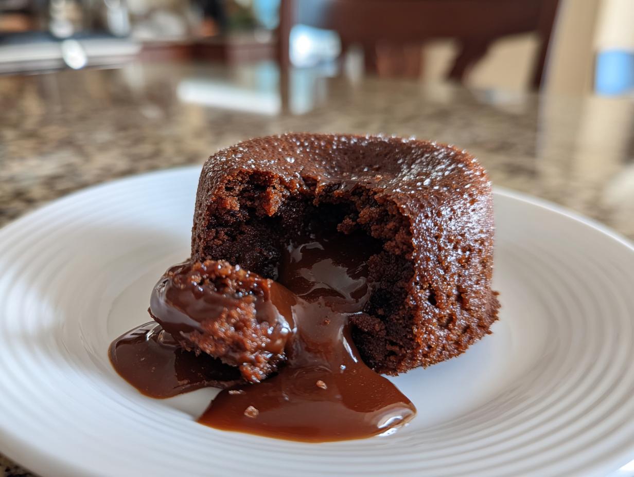 Close-up of a molten chocolate dessert, the chocolate dessert that breaks the internet, with flowing chocolate.