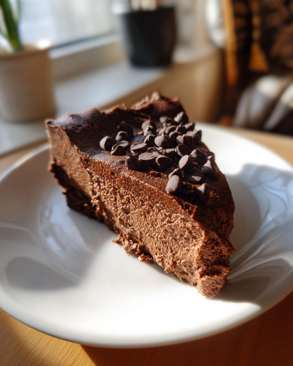 A slice of delicious chocolate dessert, topped with chocolate chips. This dessert is almost too good to share!