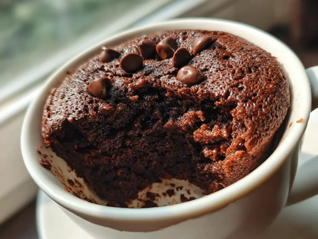 Close-up of a chocolate mug cake, the perfect This Is My Go To Dessert when short on time.