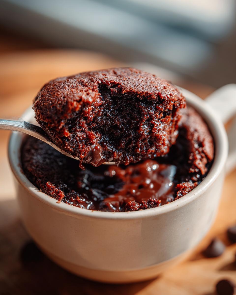 Close-up of a molten chocolate mug cake, perfect for when you need a quick dessert; This Is My Go To Dessert.