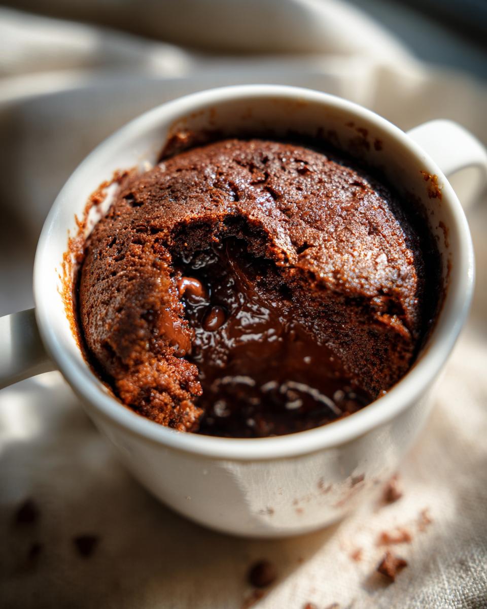 Close-up of a molten chocolate mug cake, the perfect My Go To Dessert.