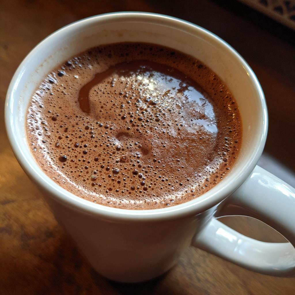 Close-up of a mug filled with the Creamiest Chocolate Recipe, with a foamy top.