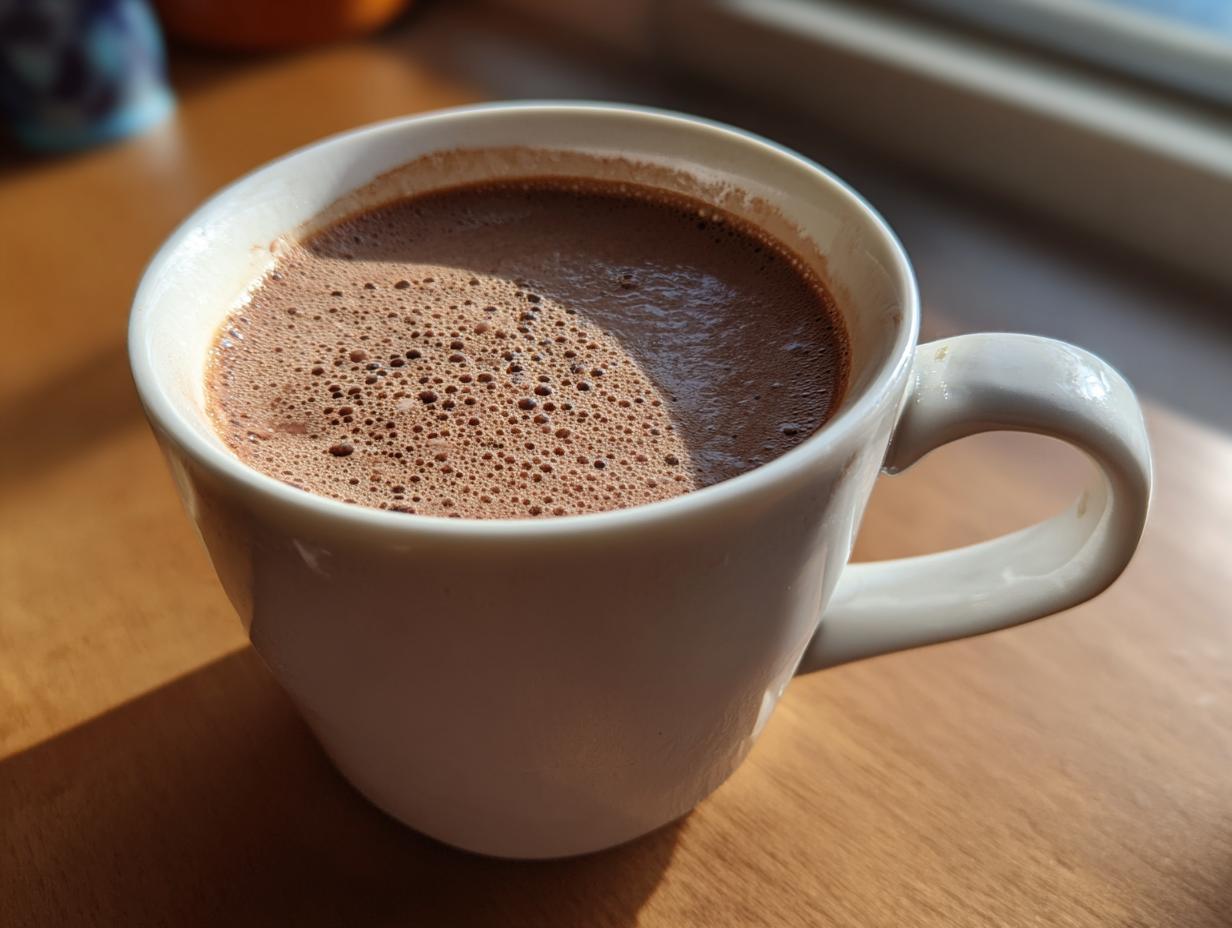 A close-up of a mug filled with the Creamiest Chocolate Recipe, with a foamy top.