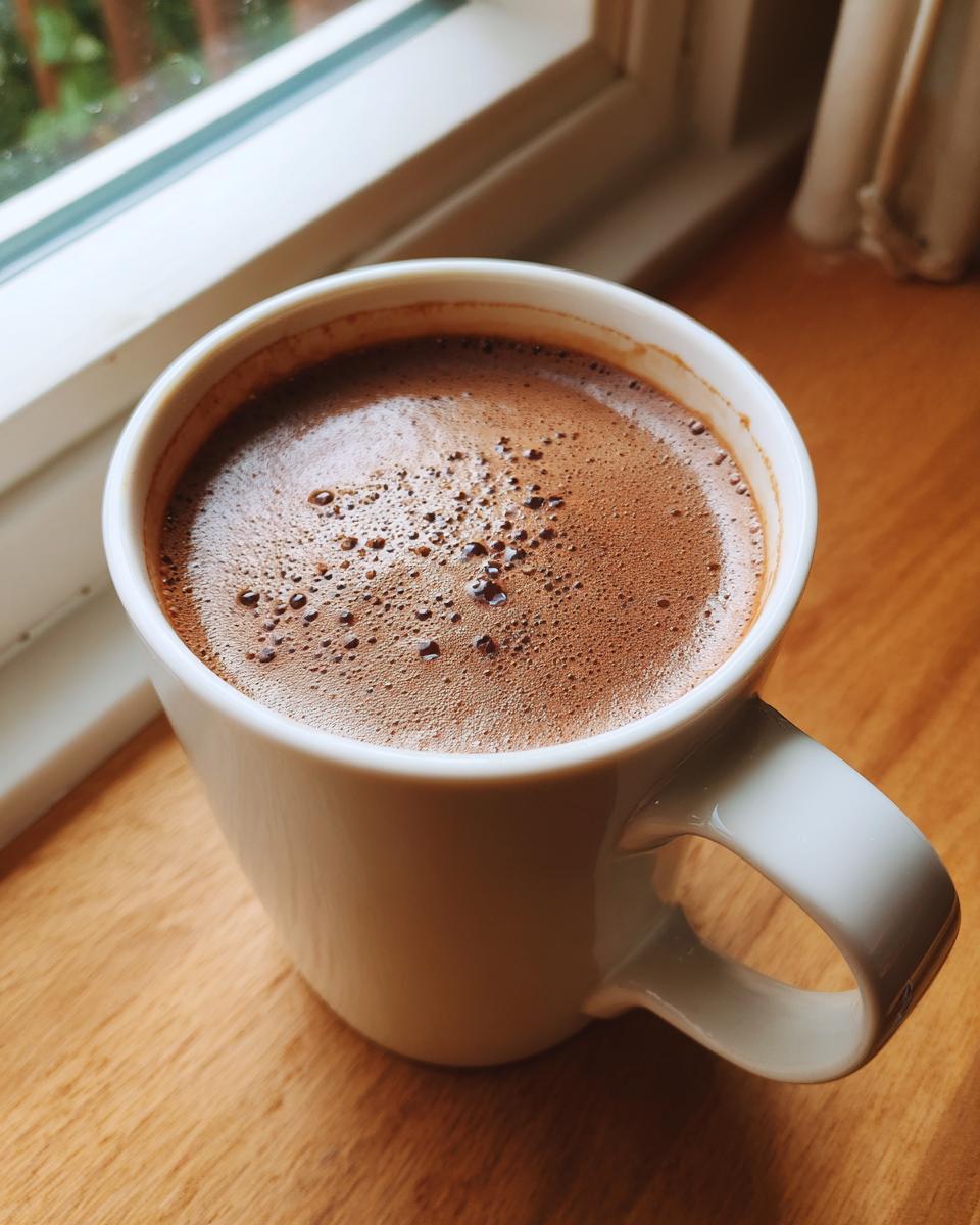 A mug of the creamiest chocolate recipe on social media, with a frothy top.