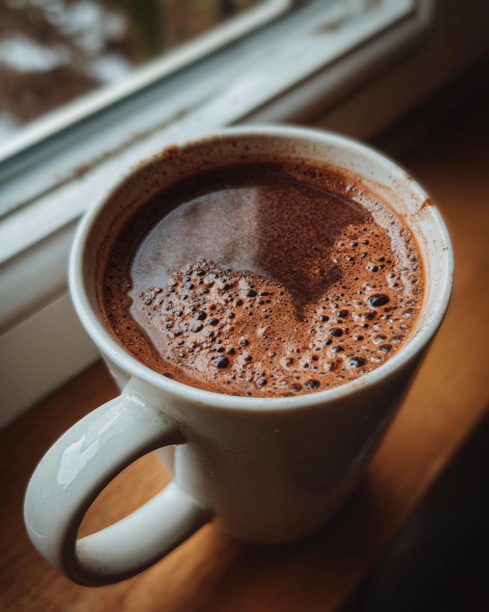 Close-up of a mug filled with the creamy chocolate recipe, with bubbles on top.