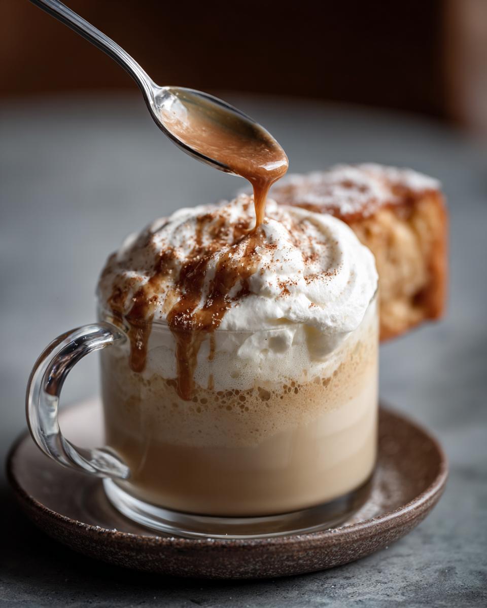 A delicious creamy dessert with whipped cream and caramel drizzle, perfect for comfort.