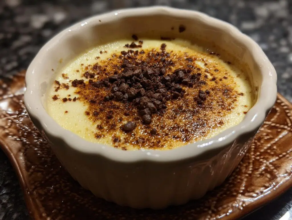 Close-up of a creamy dessert, crème brûlée, with a caramelized sugar crust and chocolate.