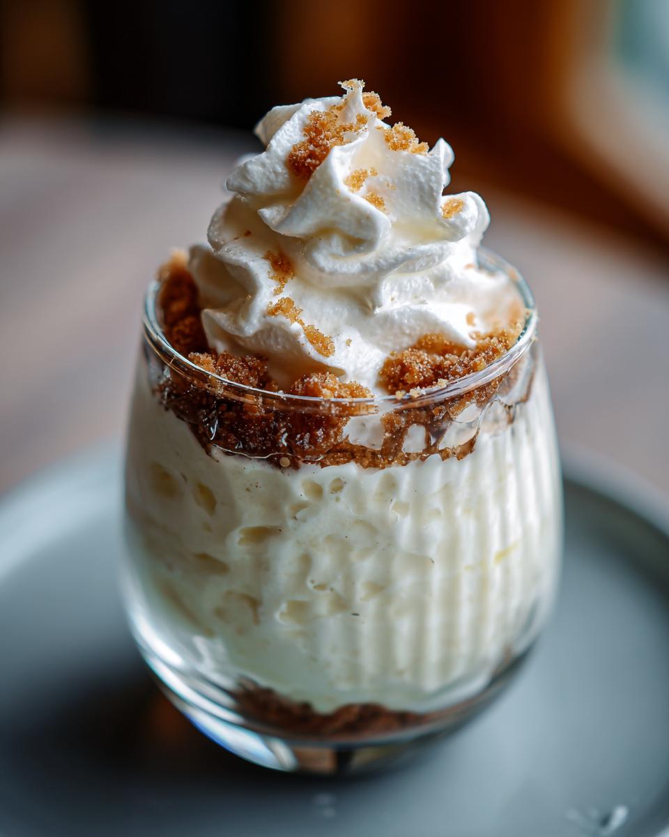 Close-up of a creamy dessert parfait in a glass, topped with whipped cream and crumbs. This Creamy Dessert is pure comfort!