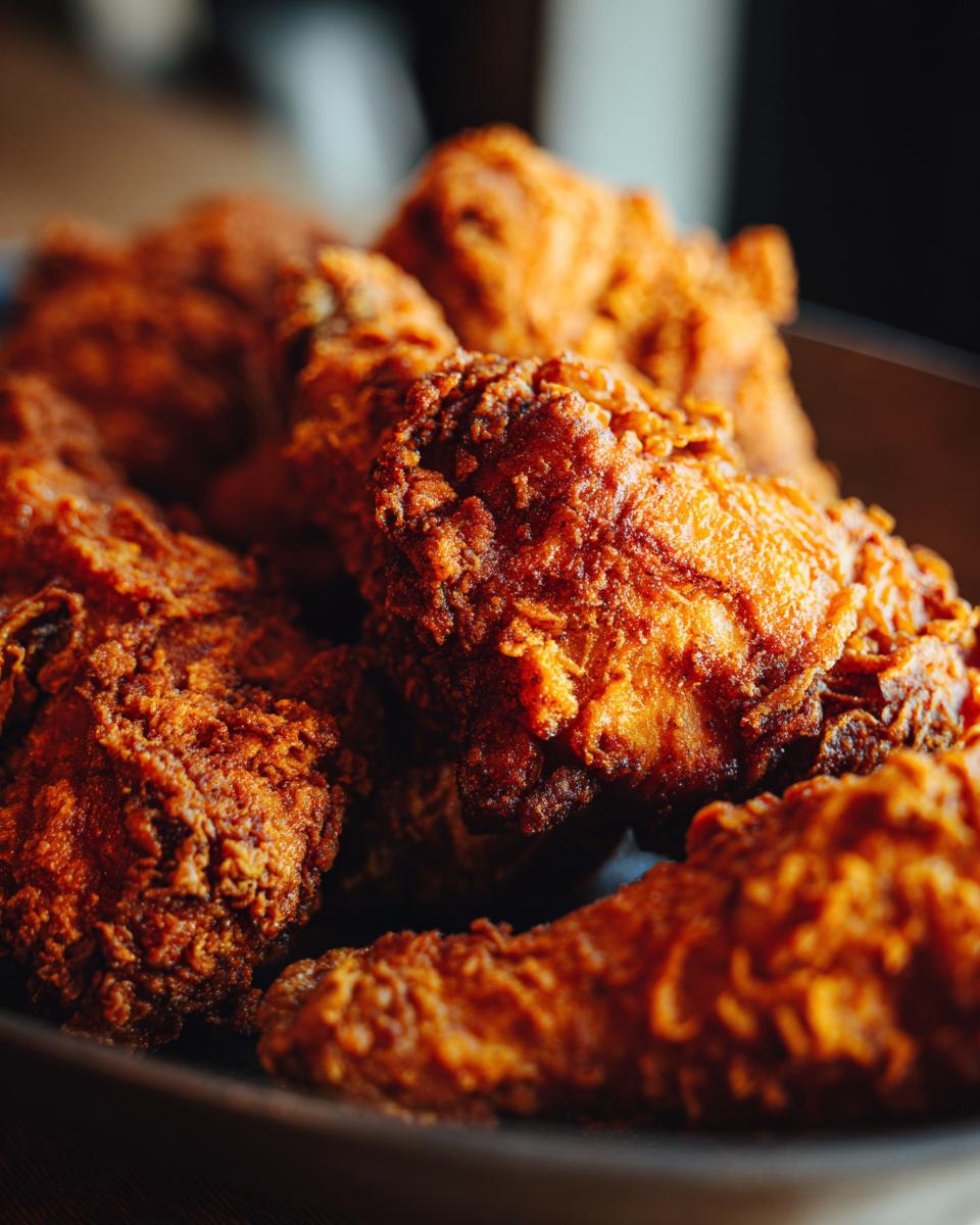 Close-up of golden, crispy fried chicken, showcasing the perfect texture for the easiest way to make crispy chicken.