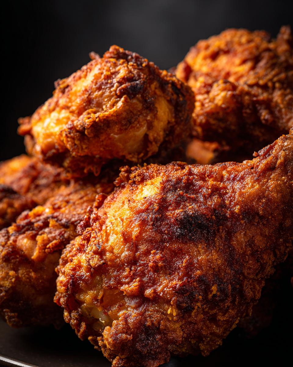 Close-up of golden, crispy fried chicken, showcasing the perfect texture and color. This is the easiest way to make crispy chicken.