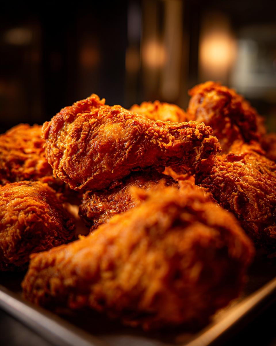 Close-up of golden-brown, crispy fried chicken, perfect for the easiest way to make crispy chicken.
