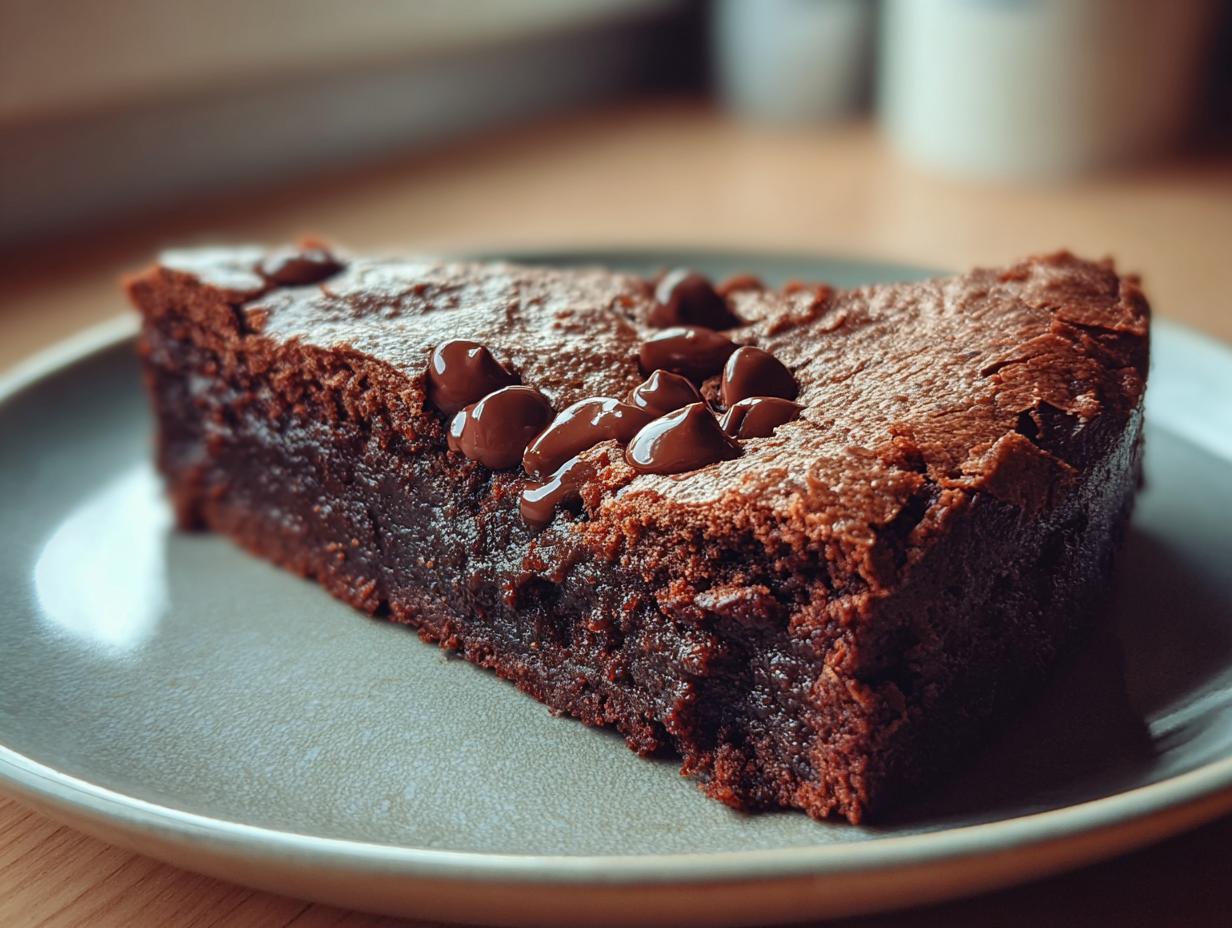 Close-up of a slice of The Dessert That Disappears in Minutes, topped with chocolate chips, on a plate.