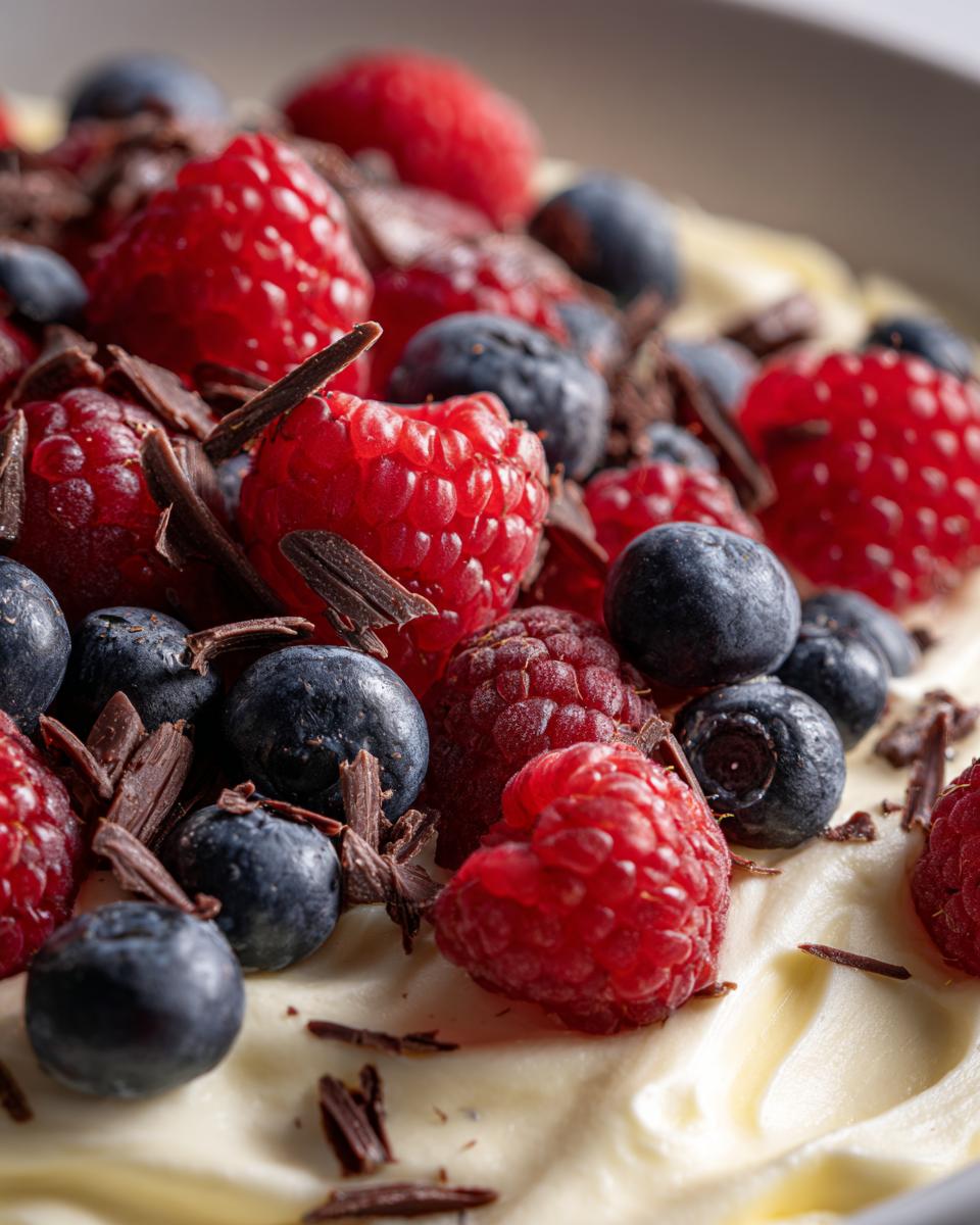 Close-up of The Easiest Dessert with fresh raspberries, blueberries, and chocolate shavings.