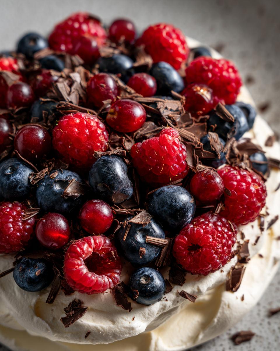 Close-up of the easiest dessert: a pavlova topped with fresh berries and chocolate shavings.