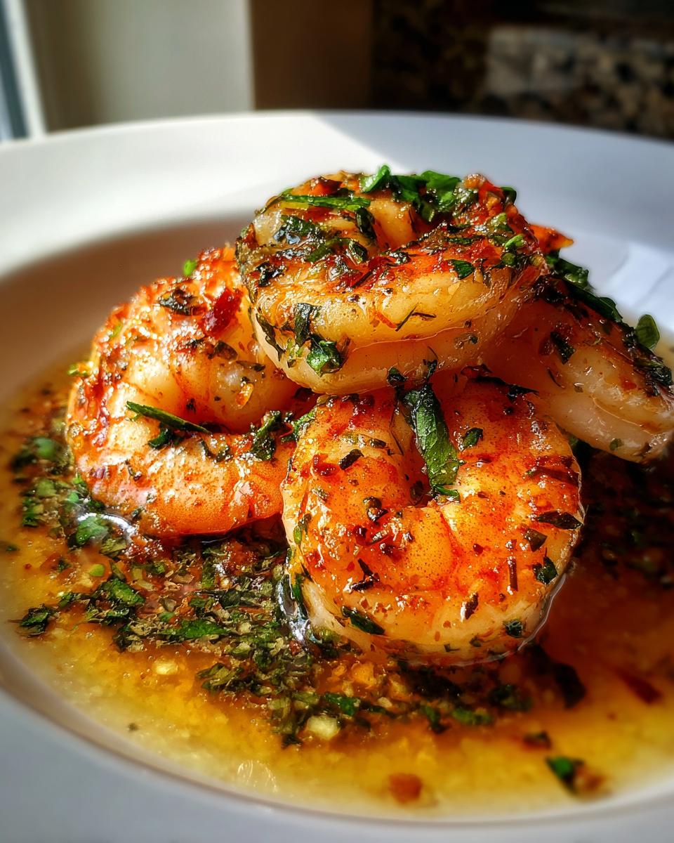 Close-up of cooked shrimp in a sauce, demonstrating 'This Takes Minutes but Tastes Fancy'.
