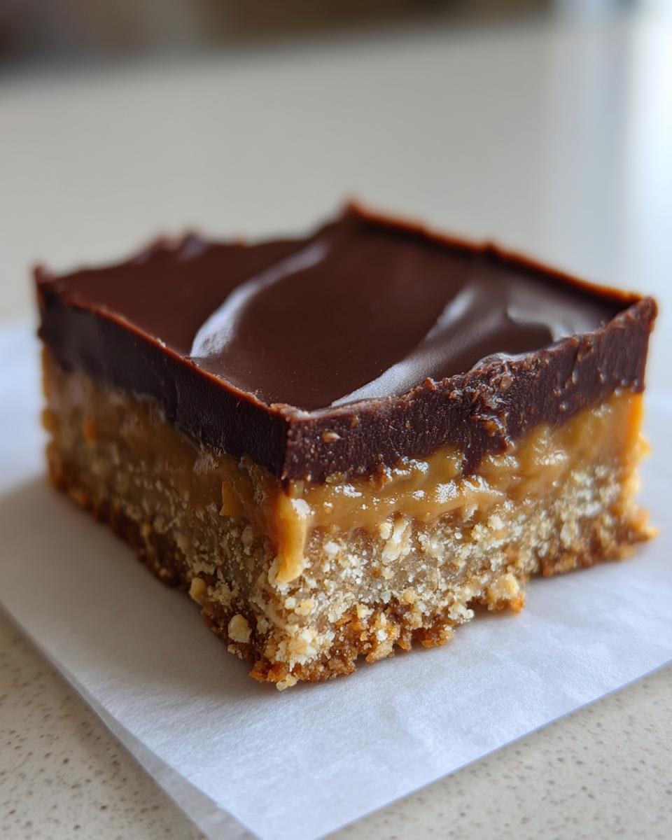 A delicious slice of The Lazy Dessert bar with a chocolate topping.