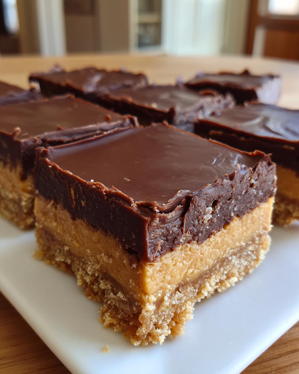 Close-up of The Lazy Dessert bars with layers of chocolate, peanut butter, and a crumbly base.