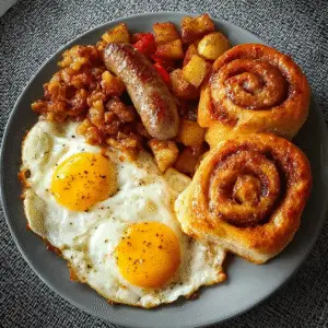 Cozy Breakfast Plate with Sausage, Eggs & Cinnamon Rolls