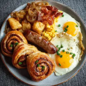 Cozy Breakfast Plate with Sausage, Eggs & Cinnamon Rolls