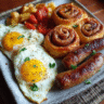 Cozy Breakfast Plate with Sausage, Eggs & Cinnamon Rolls