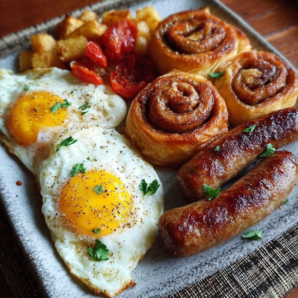 Cozy Breakfast Plate with Sausage, Eggs & Cinnamon Rolls