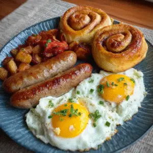 Cozy Breakfast Plate with Sausage, Eggs & Cinnamon Rolls