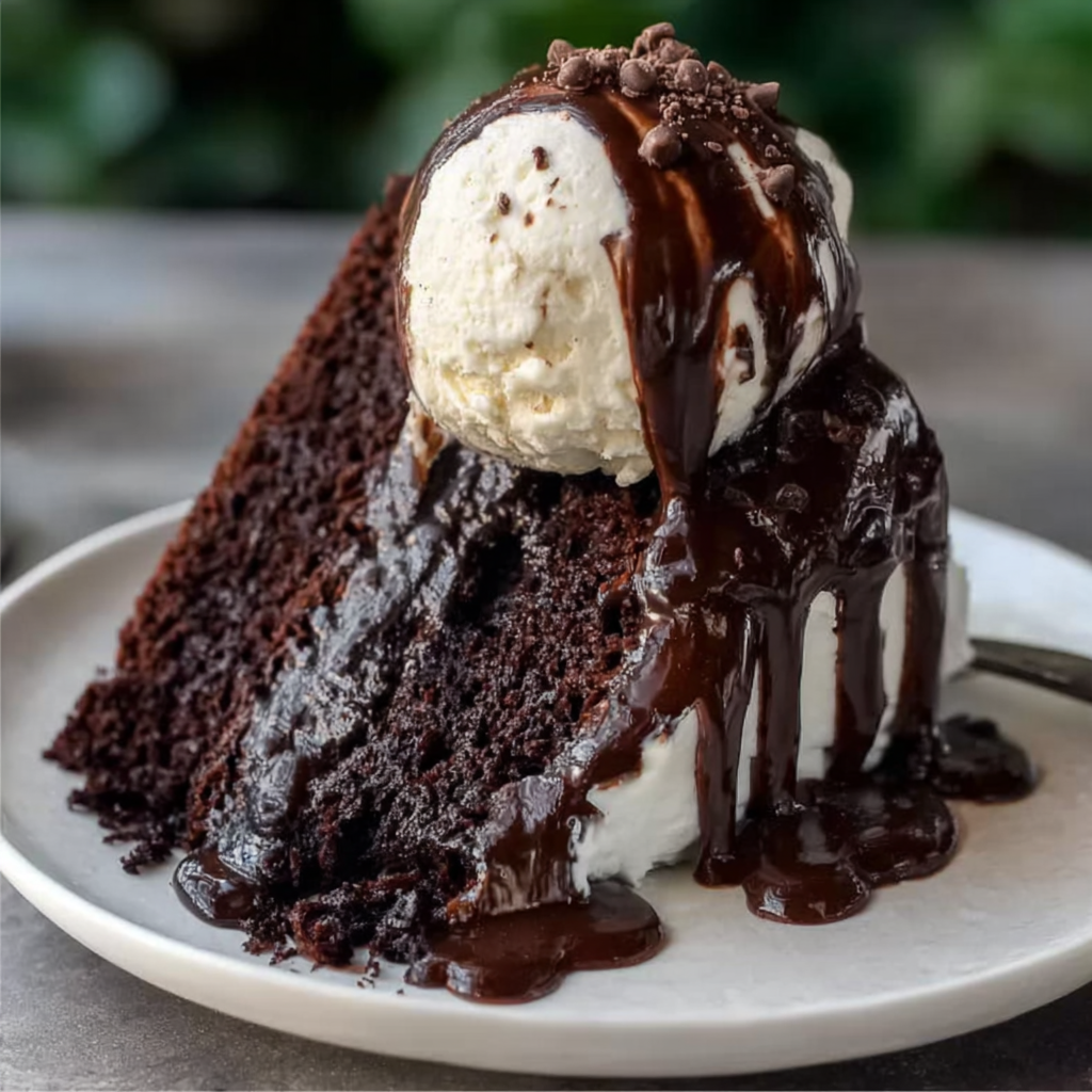 Triple Chocolate Cake with Hot Fudge Sauce