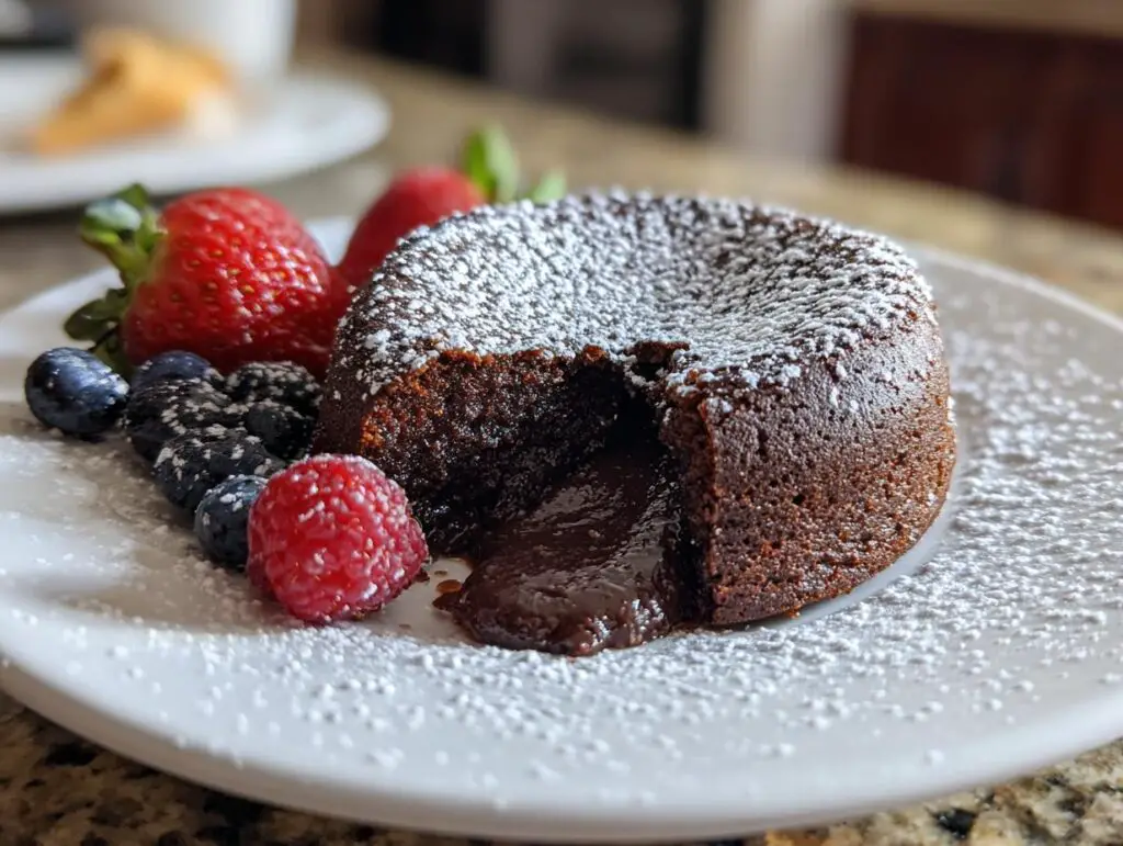 A decadent molten chocolate cake, the dessert I make when I want compliments, with fresh berries.