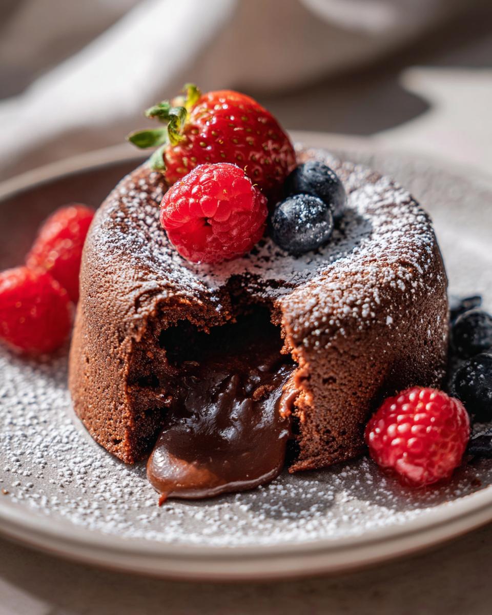 Close-up of a molten chocolate cake with fresh berries, the dessert I make when I want compliments.