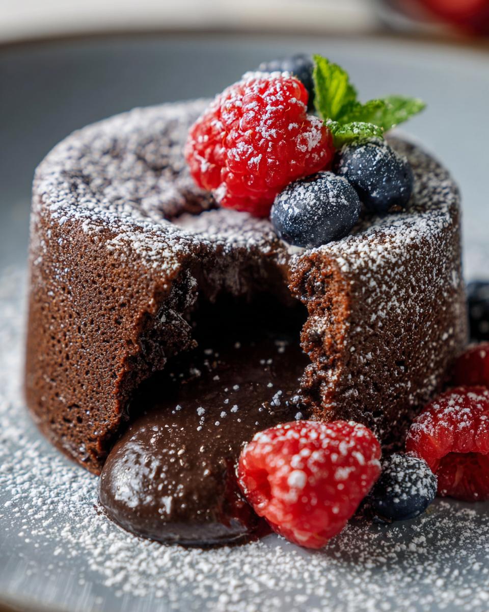 Close-up of a molten chocolate cake with fresh berries, the dessert I make when I want compliments.