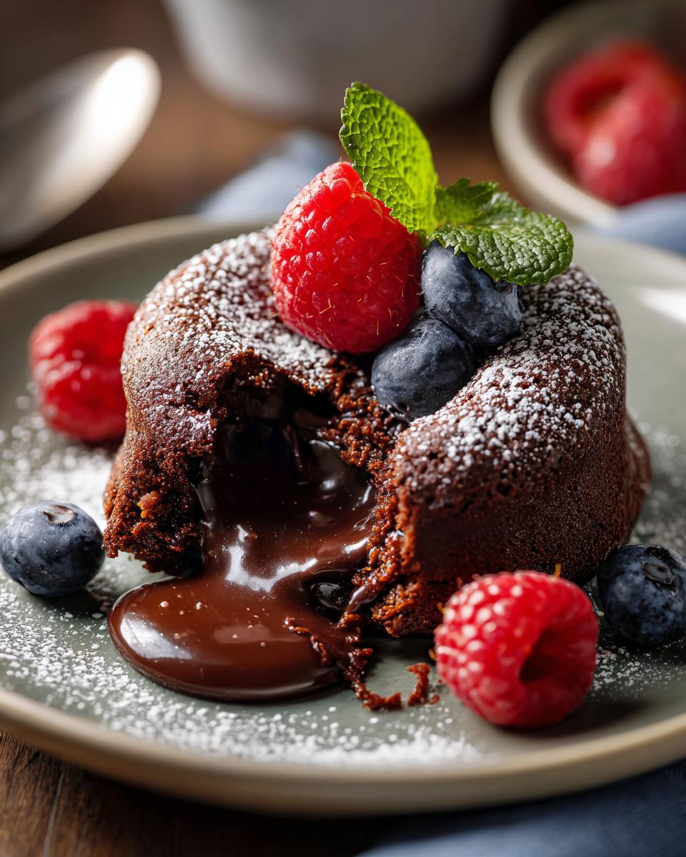 Close-up of a molten chocolate cake with fresh berries, the dessert I make when I want compliments.