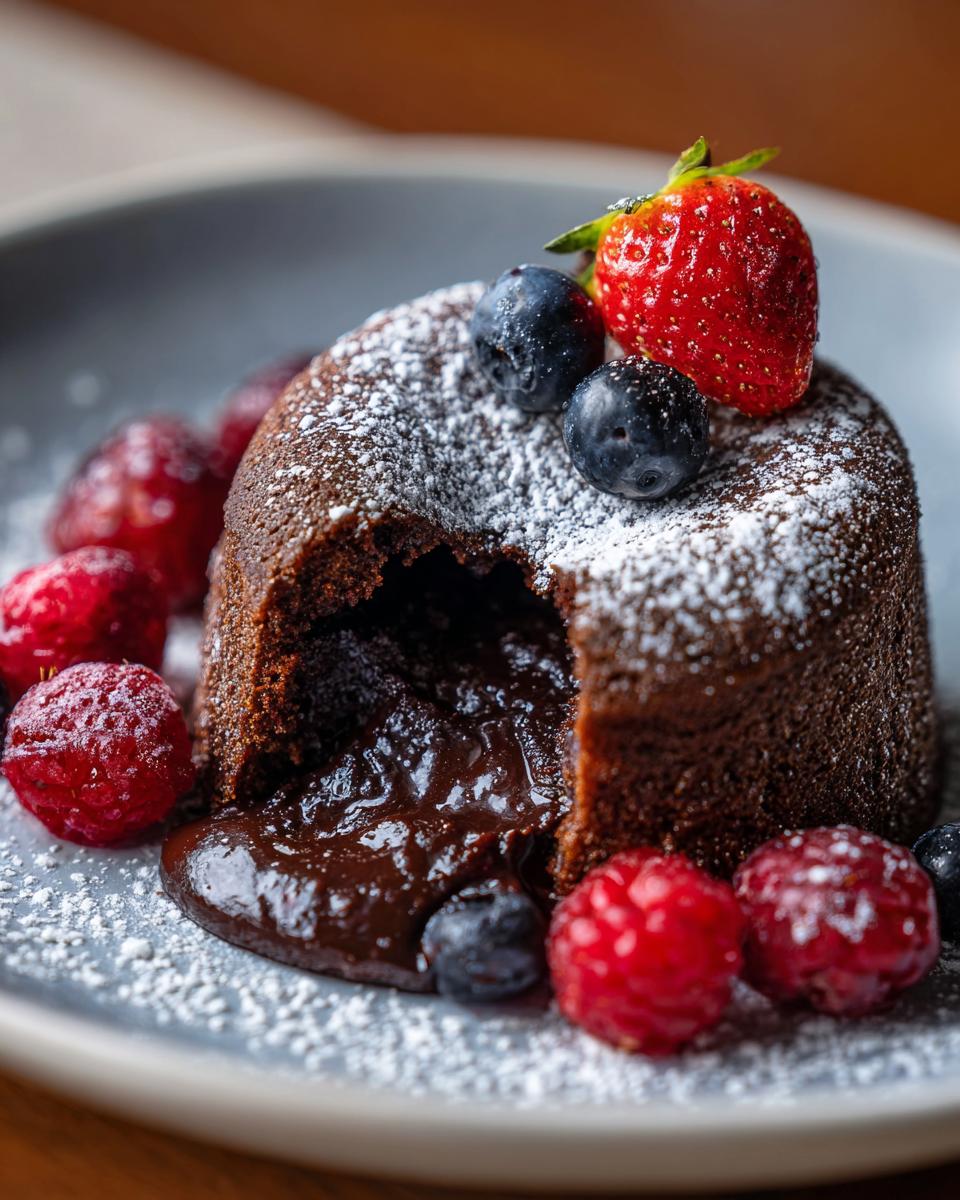 Close-up of a molten chocolate cake, the no fail dessert, with berries and powdered sugar.