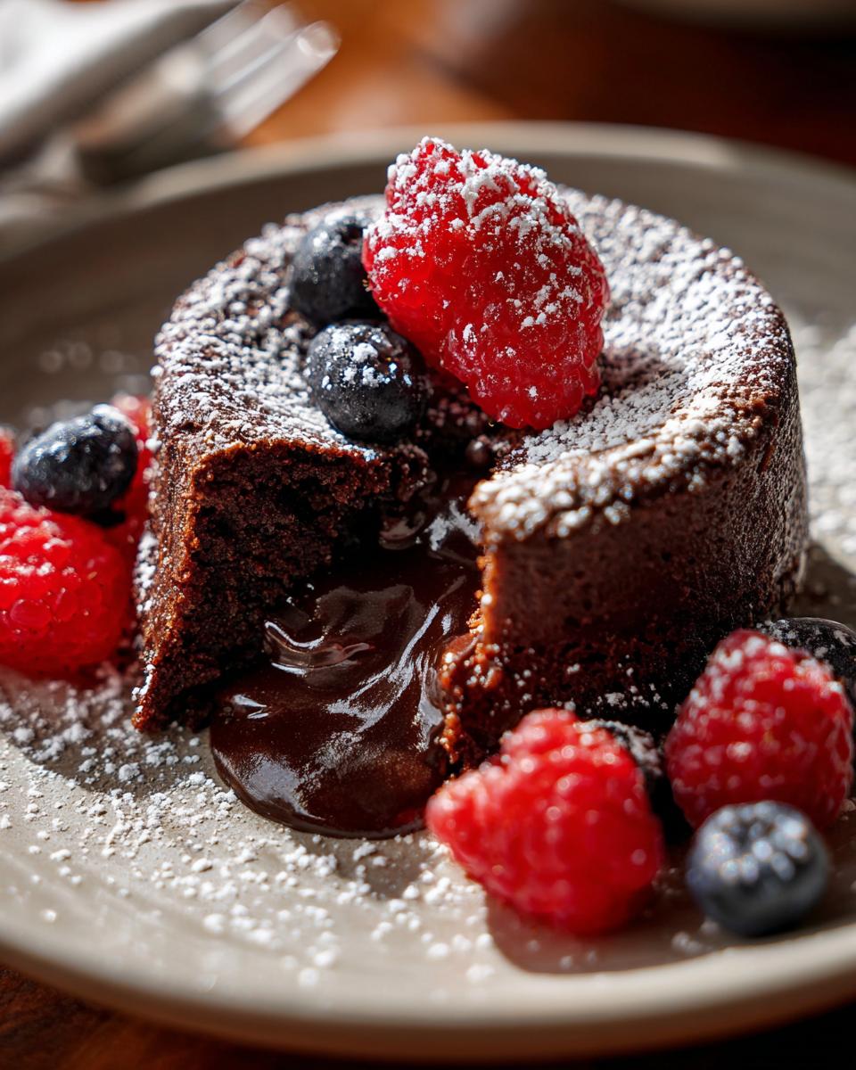 Close-up of a molten chocolate dessert, a perfect dessert to get compliments, topped with berries and powdered sugar.
