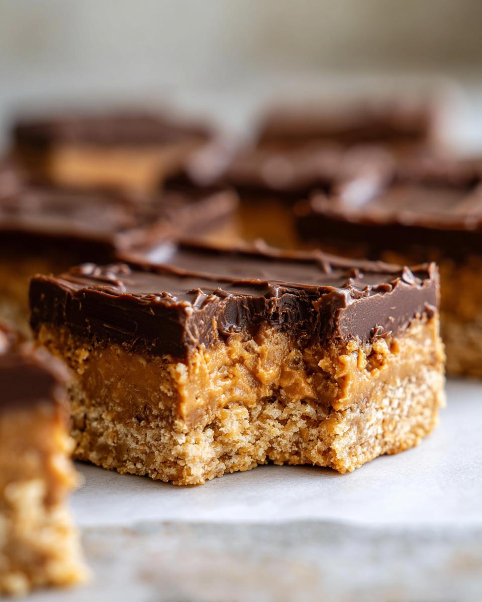 Close-up of a no bake dessert bar with a bite taken out, showing layers of chocolate, caramel, and a crumb base.