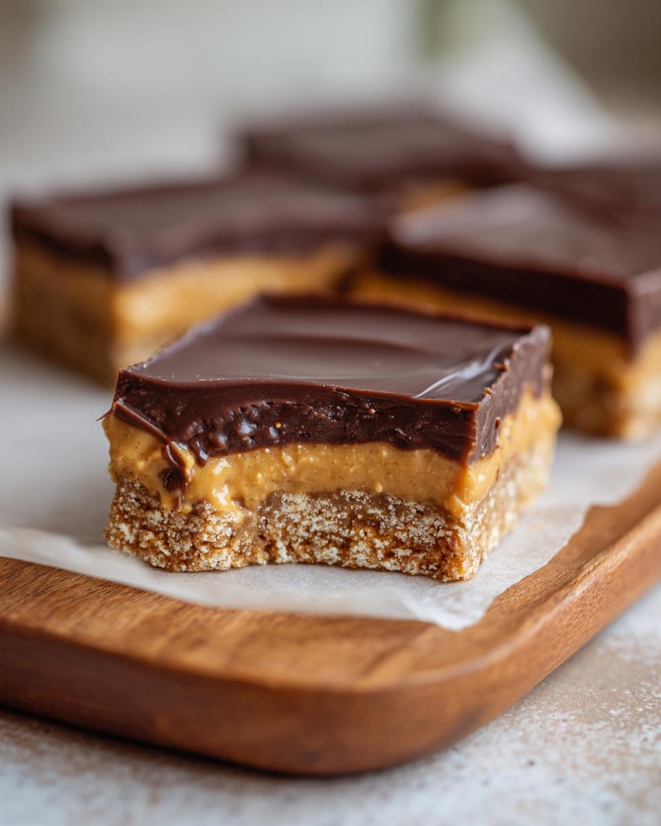 Close-up of a layered no bake dessert bar with chocolate, peanut butter, and a crumbly base.