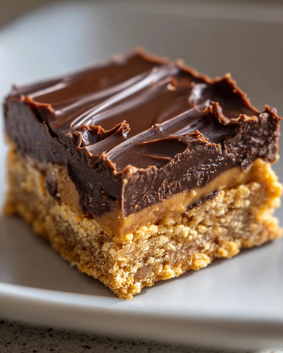 Close-up of a no-bake dessert bar with layers of chocolate, caramel, and a crumbly base. This dessert requires no baking at all!
