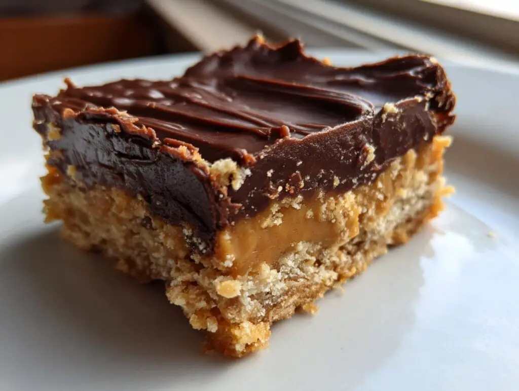 Close-up of a no-bake dessert bar with layers of caramel and chocolate, this dessert requires no baking at all.