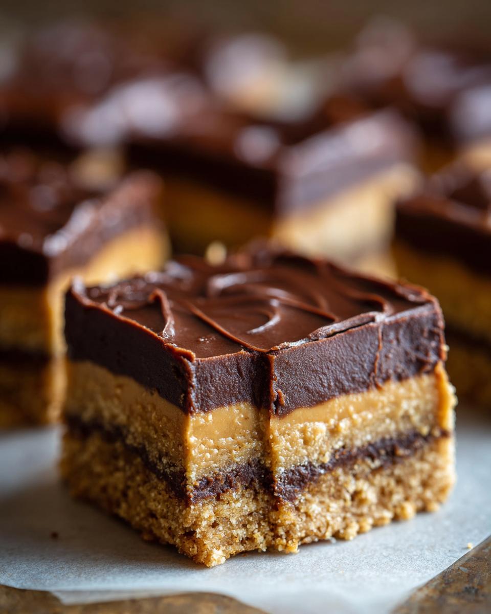 Close-up of a layered no-bake dessert bar with chocolate, peanut butter, and a crumb base. This Dessert Requires No Baking at All.