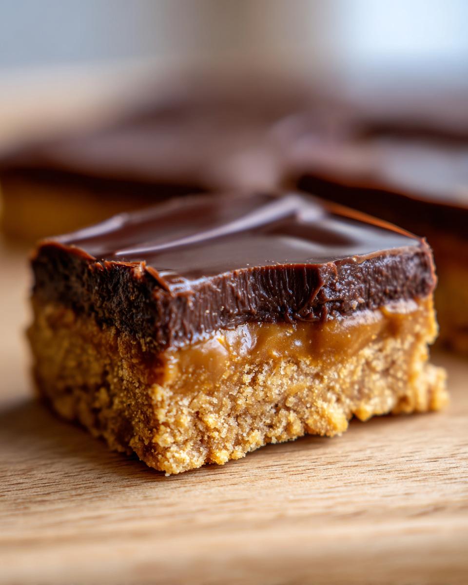 Close-up of a layered no bake dessert with chocolate, caramel, and a biscuit base.