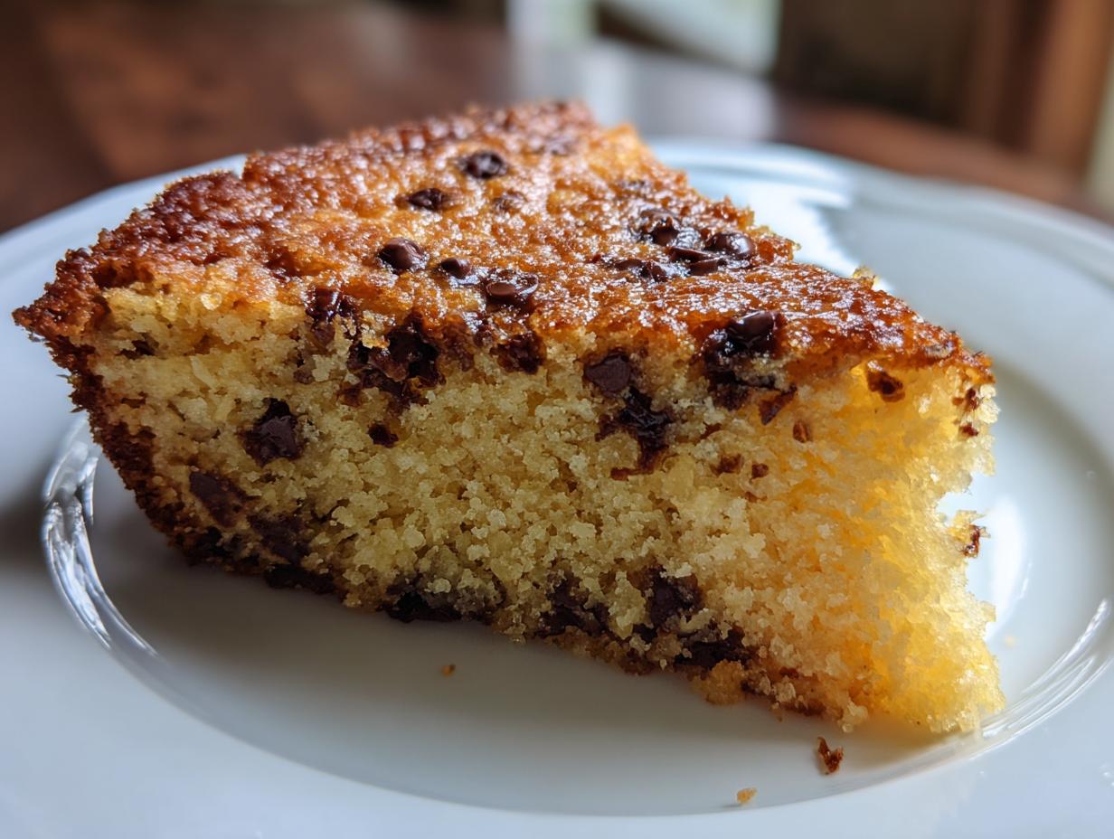 Close-up of a slice of The No Mixer Dessert, a cake with chocolate chips, on a white plate.