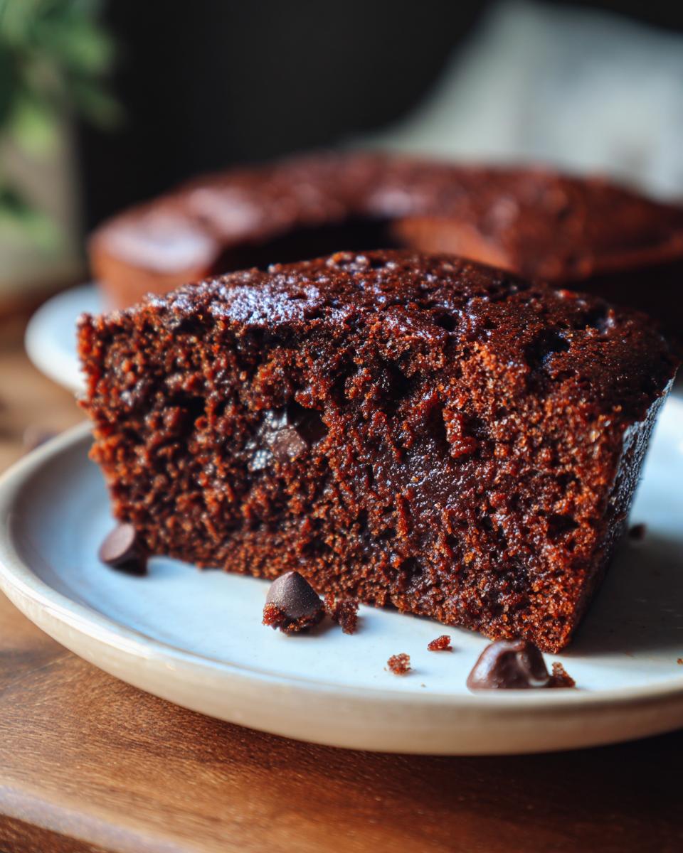 Close-up of a slice of The No Mixer Dessert, a chocolate cake with chocolate chips on a plate.
