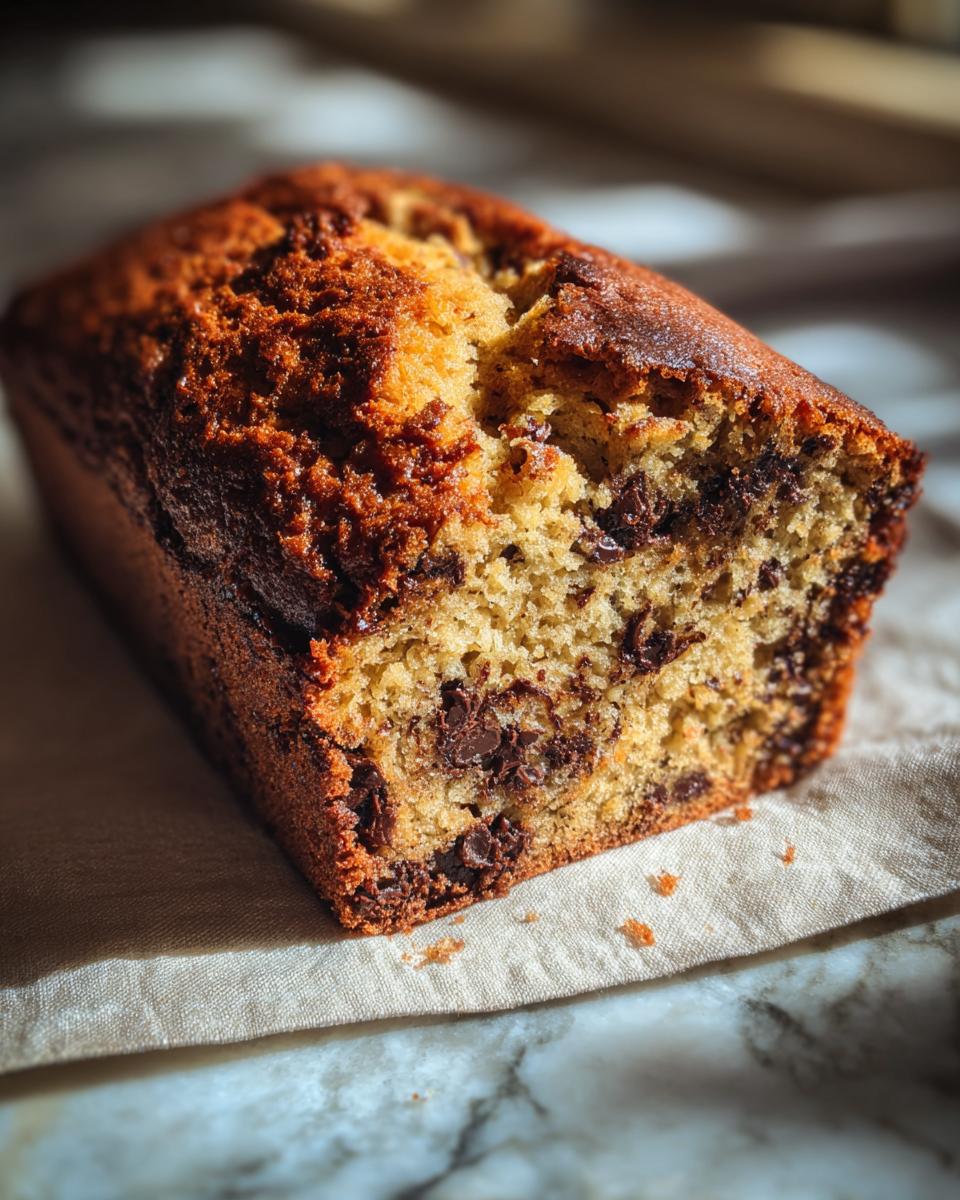 Close-up of a freshly baked chocolate chip loaf, a no mixer dessert.