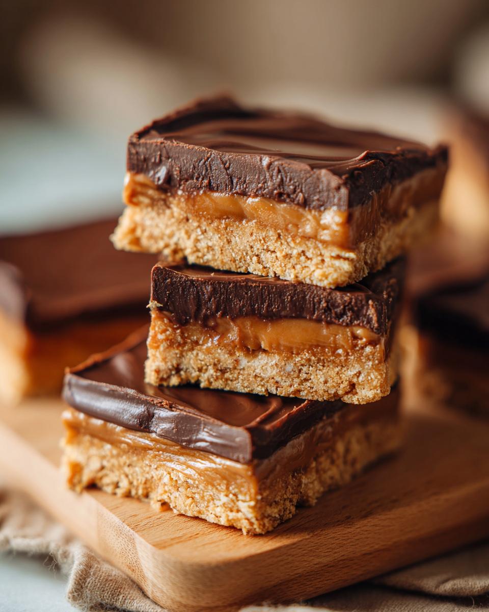 Stack of no oven dessert bars with chocolate, caramel, and a biscuit base. Perfect for No Oven, No Stress, Just Pure Dessert.