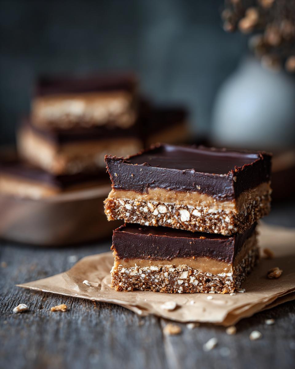 Stack of chocolate peanut butter bars, a delicious No Oven, No Stress, Just Pure Dessert.