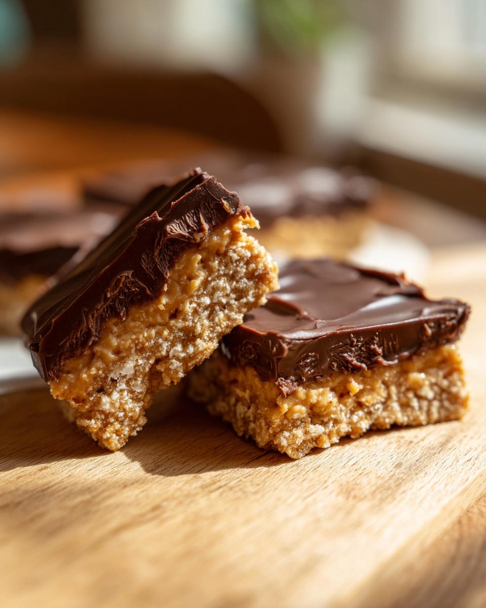 Close-up of chocolate peanut butter bars, perfect for a no oven, no stress dessert.