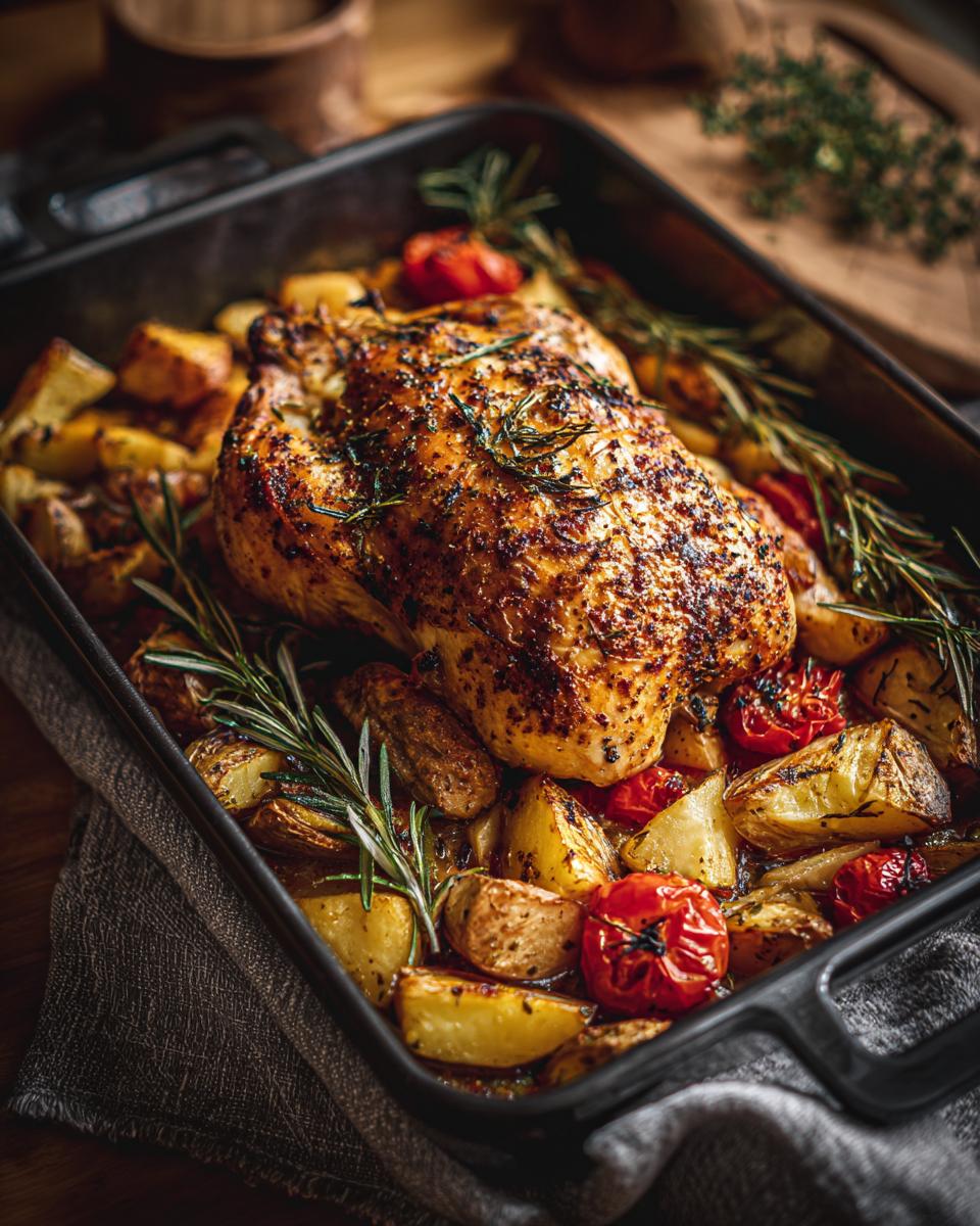 Roasted chicken with potatoes and tomatoes in a pan, perfect for a weeknight dinner.