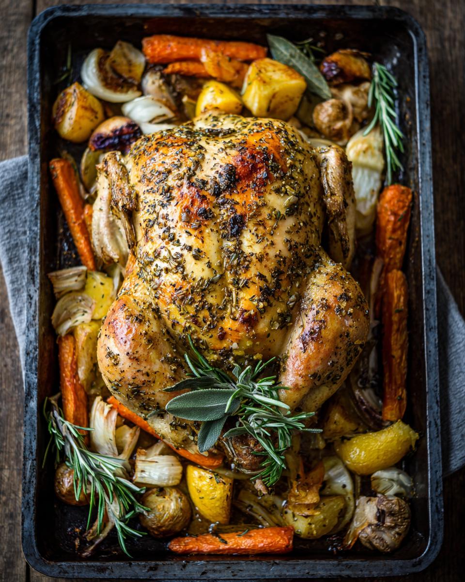 Overhead shot of a whole roasted chicken with vegetables in a pan, perfect for a weeknight dinner.