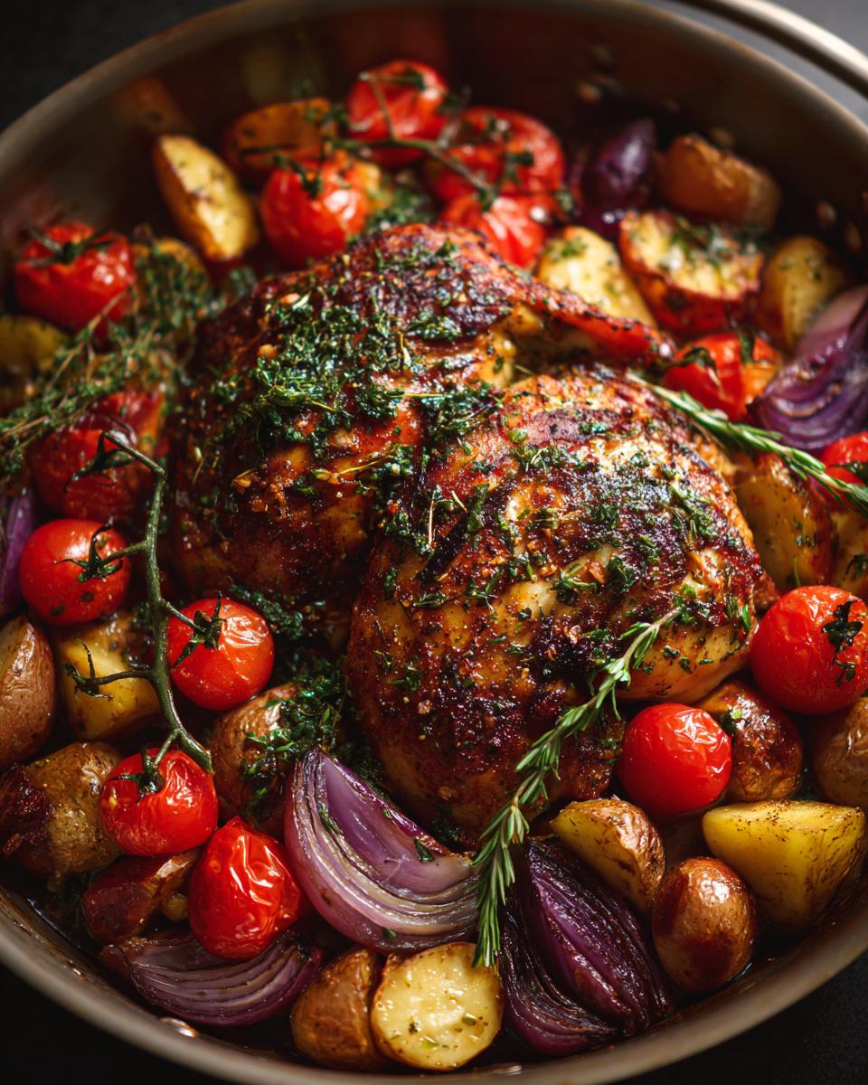 Close-up of a one-pan roasted chicken with tomatoes, potatoes, and onions, perfect for a weeknight dinner.